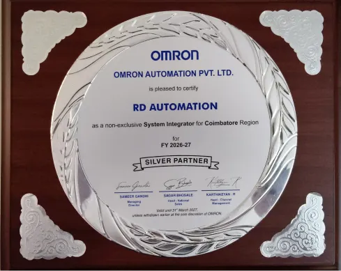 rd-automation-omron-silver-system-integrator-certificate.jpg OMRON Automation Silver System Integrator Plaque - RD Automation Coimbatore Region